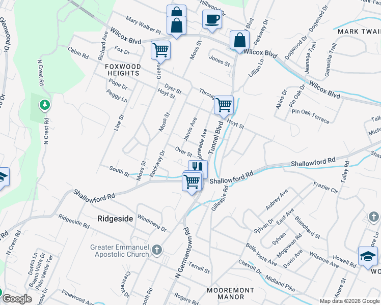 map of restaurants, bars, coffee shops, grocery stores, and more near 613 Over Street in Chattanooga