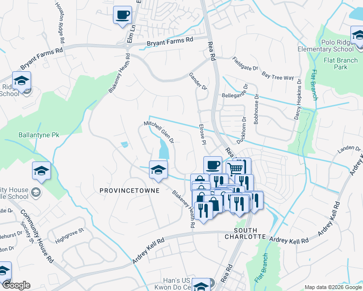 map of restaurants, bars, coffee shops, grocery stores, and more near 11812 Pheasant Lane in Charlotte