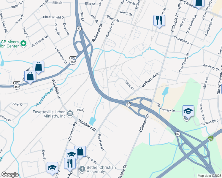 map of restaurants, bars, coffee shops, grocery stores, and more near 889 Winslow Street in Fayetteville