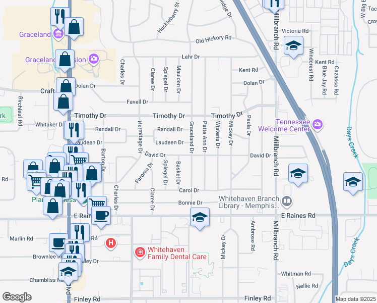 map of restaurants, bars, coffee shops, grocery stores, and more near 1466 David Dr in Memphis