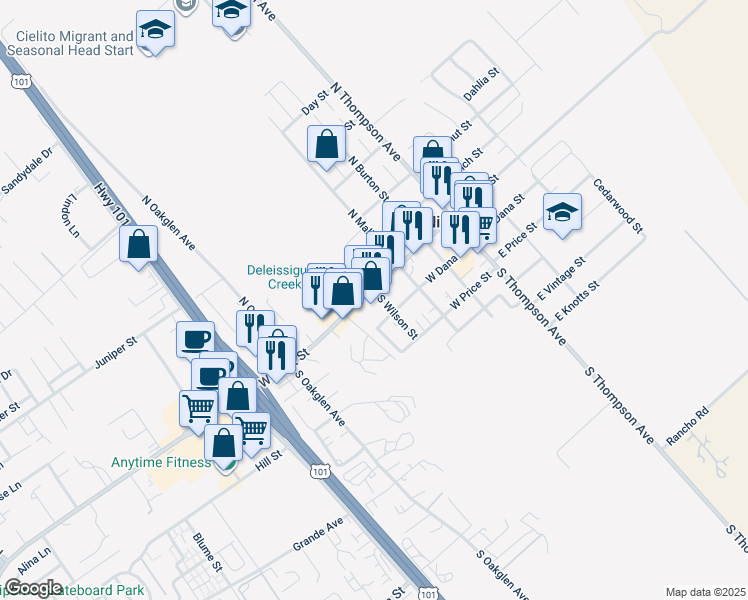 map of restaurants, bars, coffee shops, grocery stores, and more near 267 West Tefft Street in Nipomo