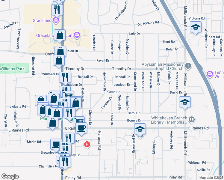map of restaurants, bars, coffee shops, grocery stores, and more near 1374 David Drive in Memphis