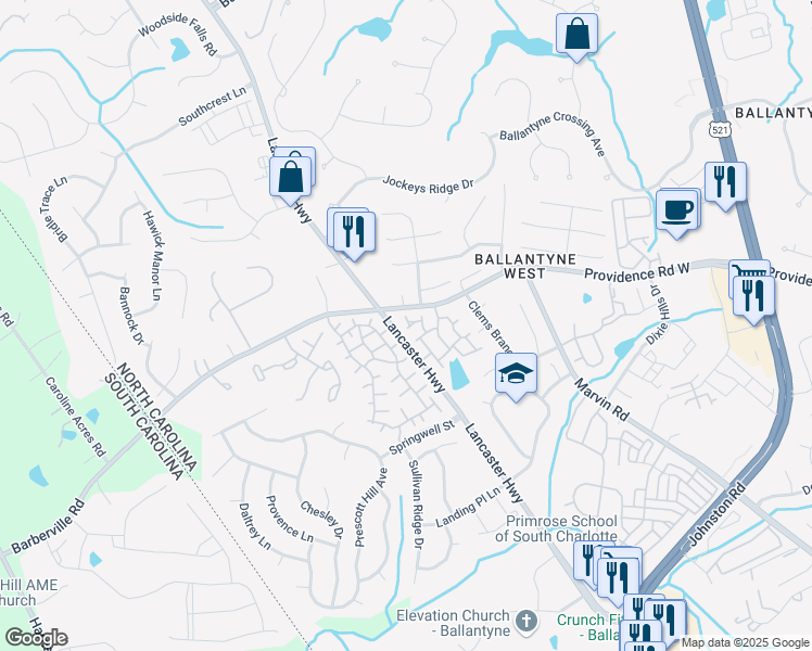 map of restaurants, bars, coffee shops, grocery stores, and more near 15218 Timblin Court in Charlotte