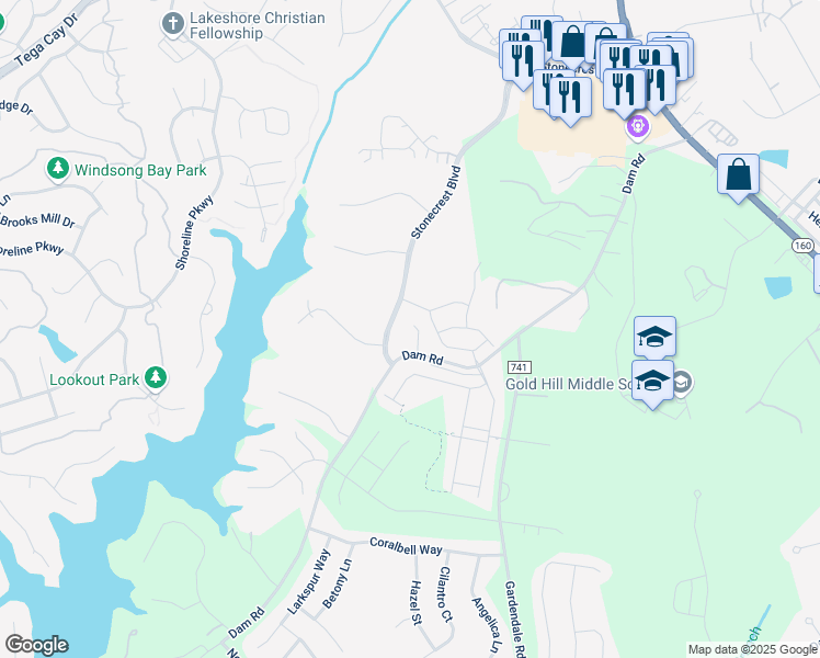 map of restaurants, bars, coffee shops, grocery stores, and more near 1967 Dam Road in Fort Mill