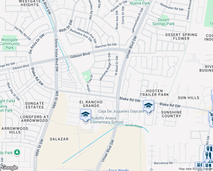 map of restaurants, bars, coffee shops, grocery stores, and more near 8505 Spring Sage Road Southwest in Albuquerque