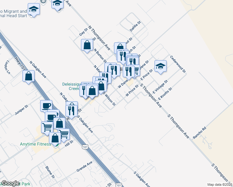 map of restaurants, bars, coffee shops, grocery stores, and more near 174 South Mallagh Street in Nipomo
