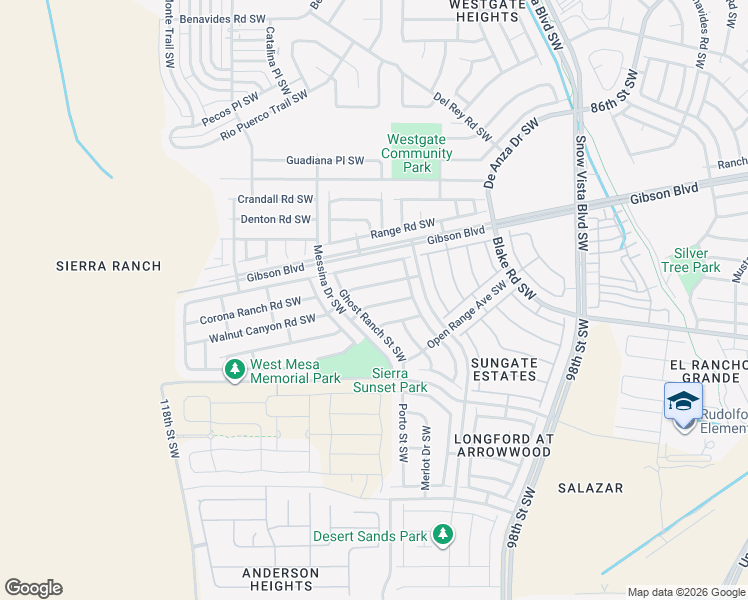 map of restaurants, bars, coffee shops, grocery stores, and more near 10405 Sandy Trail Road Southwest in Albuquerque