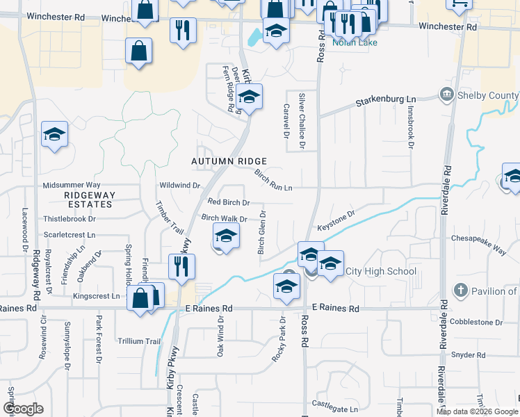 map of restaurants, bars, coffee shops, grocery stores, and more near 6611 Red Birch Drive in Memphis