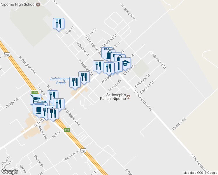 map of restaurants, bars, coffee shops, grocery stores, and more near 188 West Price Street in Nipomo