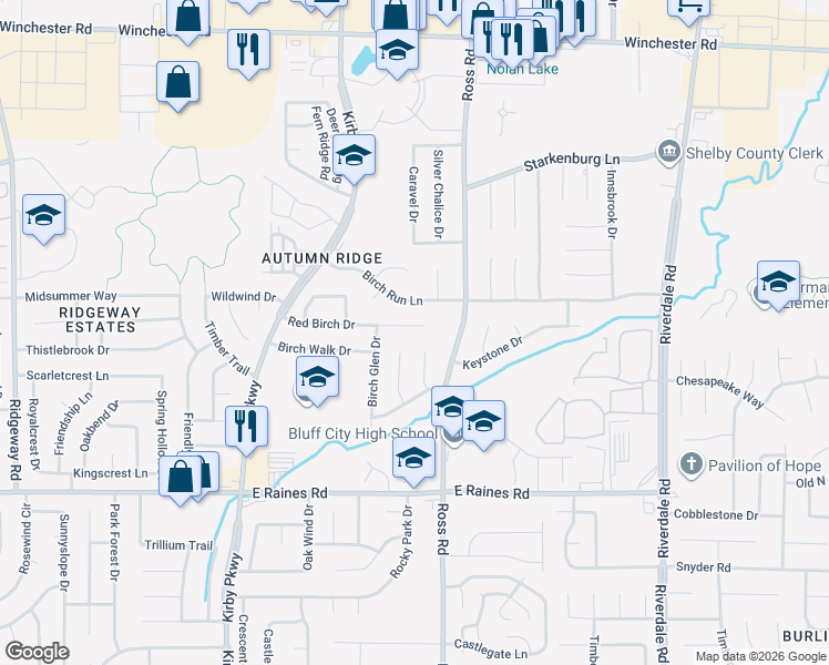 map of restaurants, bars, coffee shops, grocery stores, and more near 6663 Red Birch Drive in Memphis