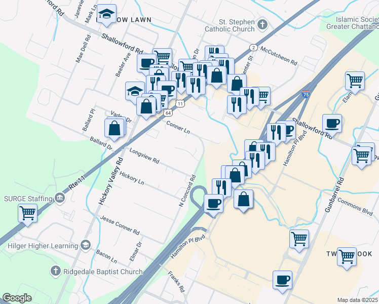 map of restaurants, bars, coffee shops, grocery stores, and more near Carnell Way in Chattanooga