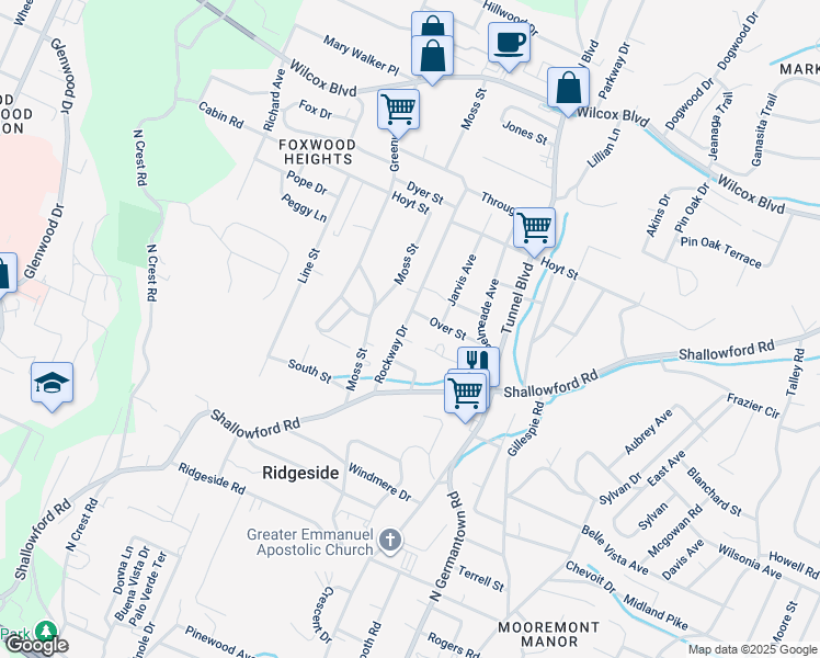 map of restaurants, bars, coffee shops, grocery stores, and more near 804 Rockway Drive in Chattanooga