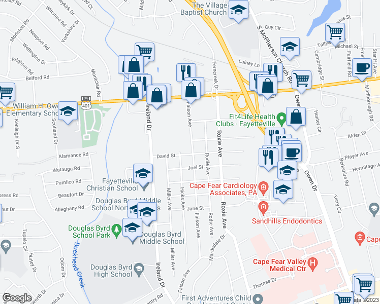 map of restaurants, bars, coffee shops, grocery stores, and more near 308 Faison Avenue in Fayetteville