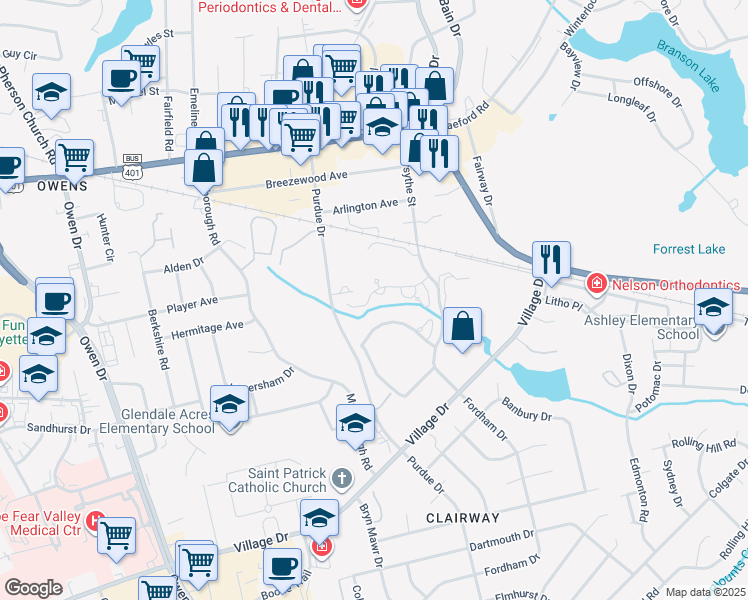 map of restaurants, bars, coffee shops, grocery stores, and more near 1151 Meadow Creek Road in Fayetteville