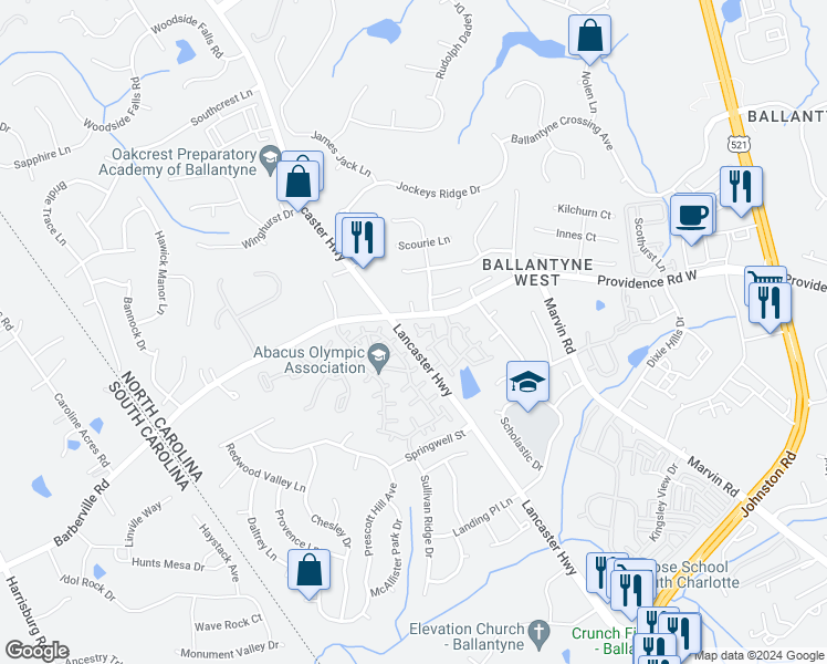 map of restaurants, bars, coffee shops, grocery stores, and more near 15214 Timblin Court in Charlotte
