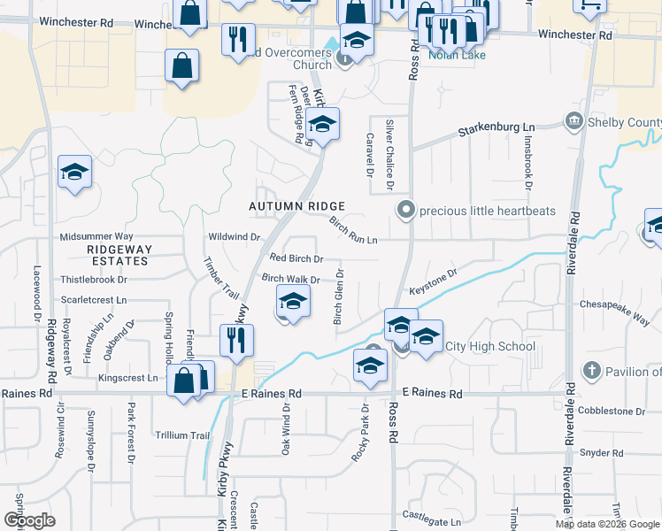 map of restaurants, bars, coffee shops, grocery stores, and more near 6605 Red Birch Drive in Memphis