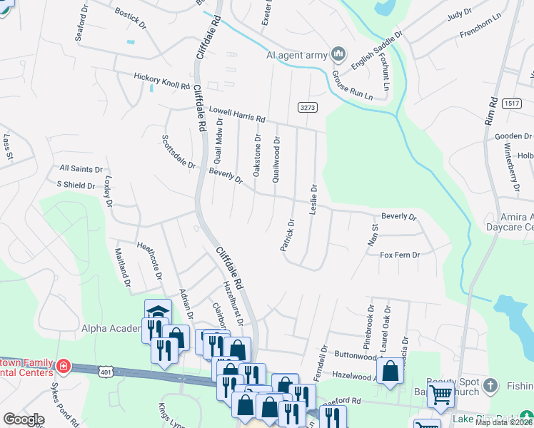 map of restaurants, bars, coffee shops, grocery stores, and more near 1108 Quailwood Drive in Fayetteville