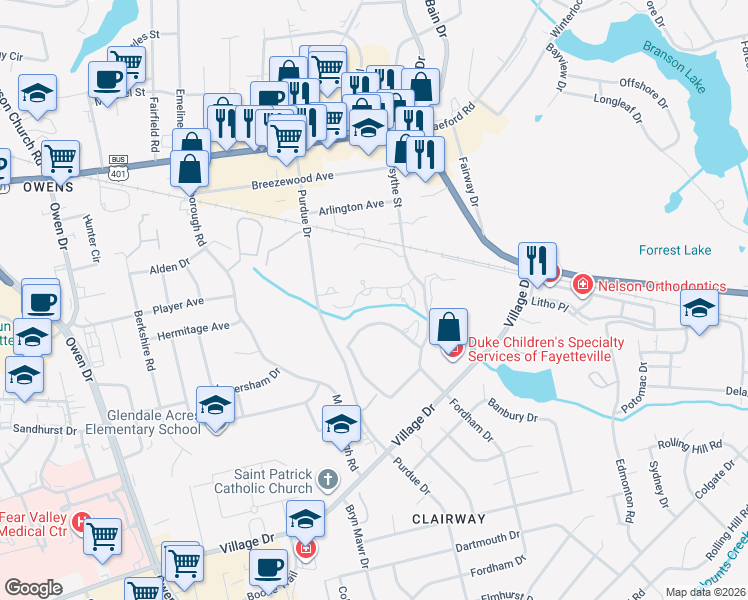 map of restaurants, bars, coffee shops, grocery stores, and more near 1141 Meadow Creek Road in Fayetteville