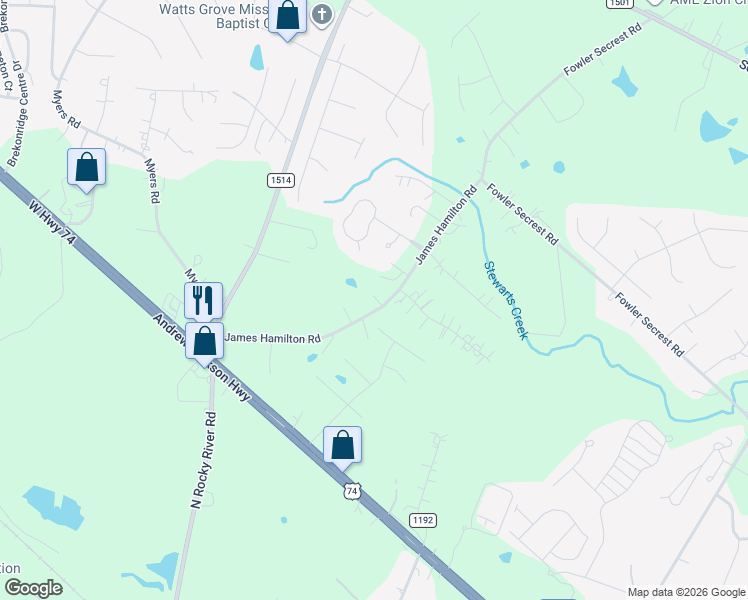 map of restaurants, bars, coffee shops, grocery stores, and more near 2815 James Hamilton Road in Monroe