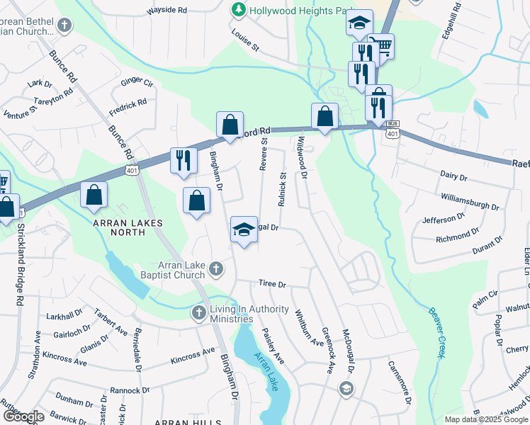 map of restaurants, bars, coffee shops, grocery stores, and more near 1083 Revere Street in Fayetteville