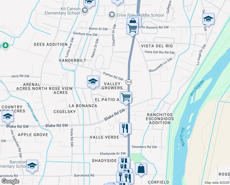 map of restaurants, bars, coffee shops, grocery stores, and more near 1642 Valley Rd SW in Albuquerque
