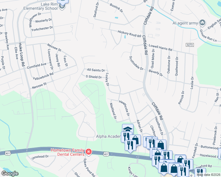 map of restaurants, bars, coffee shops, grocery stores, and more near 7829 Loxley Drive in Fayetteville