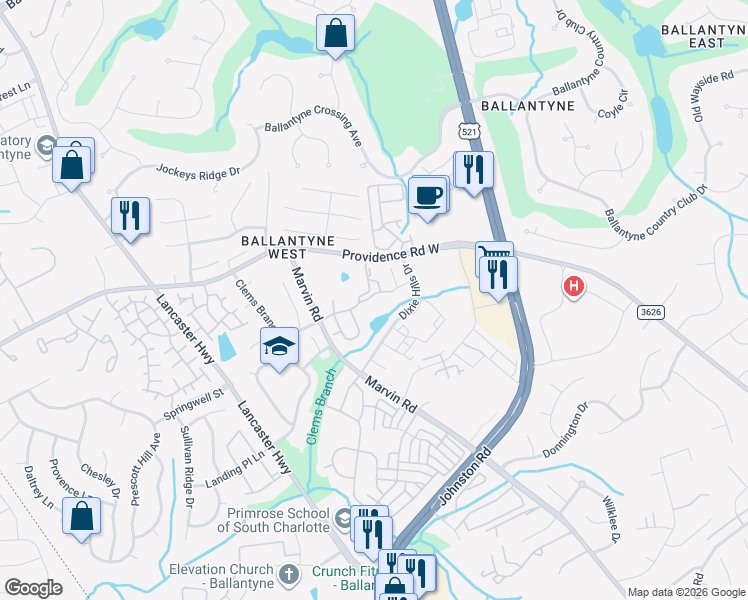 map of restaurants, bars, coffee shops, grocery stores, and more near 11409 Dixie Glen Drive in Charlotte