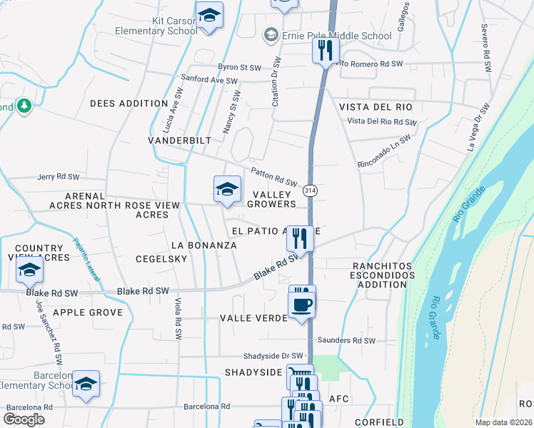 map of restaurants, bars, coffee shops, grocery stores, and more near 1642 Valley Road Southwest in Albuquerque