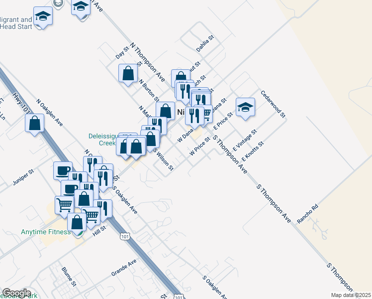 map of restaurants, bars, coffee shops, grocery stores, and more near 175 South Mallagh Street in Nipomo