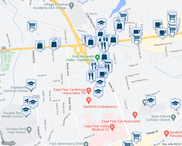 map of restaurants, bars, coffee shops, grocery stores, and more near 1381 Walter Reed Road in Fayetteville