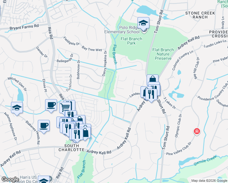 map of restaurants, bars, coffee shops, grocery stores, and more near 6229 Old Corral Street in Charlotte