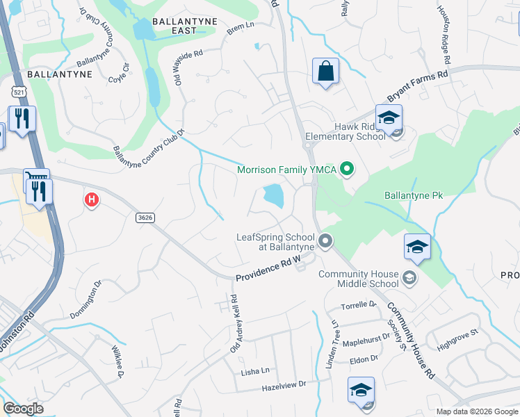 map of restaurants, bars, coffee shops, grocery stores, and more near 9851 Corrystone Drive in Charlotte