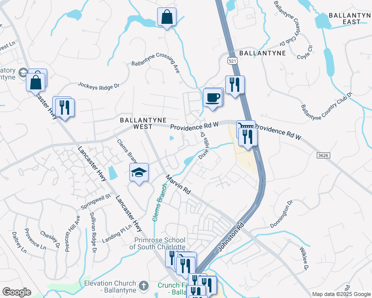 map of restaurants, bars, coffee shops, grocery stores, and more near 11409 Dixie Glen Drive in Charlotte