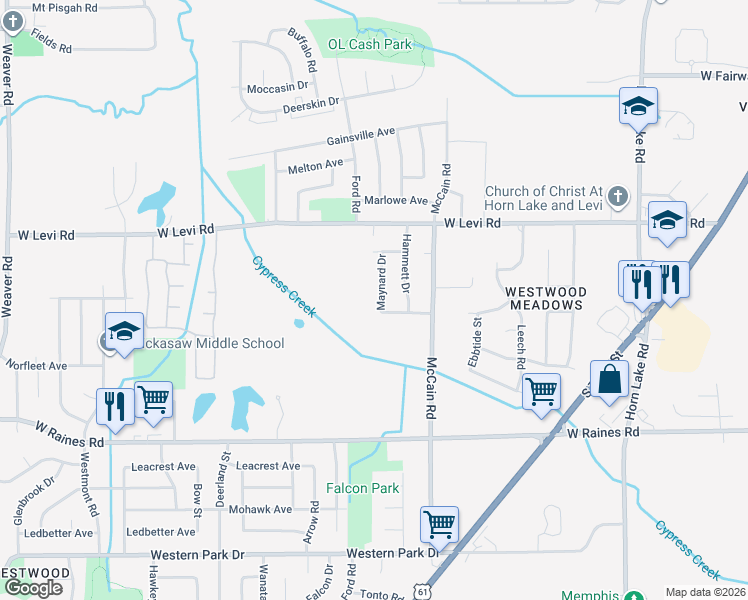 map of restaurants, bars, coffee shops, grocery stores, and more near 3975 Maynard Drive in Memphis