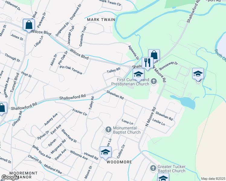 map of restaurants, bars, coffee shops, grocery stores, and more near 4225 Shawhan Road in Chattanooga
