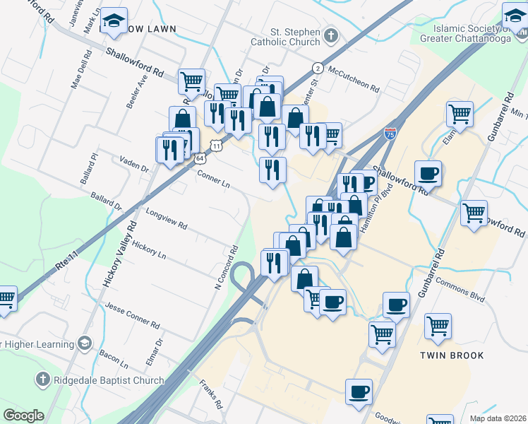 map of restaurants, bars, coffee shops, grocery stores, and more near 2122 North Concord Road in Chattanooga