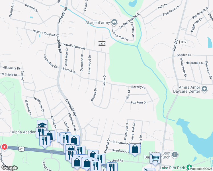 map of restaurants, bars, coffee shops, grocery stores, and more near 7599 Beverly Drive in Fayetteville