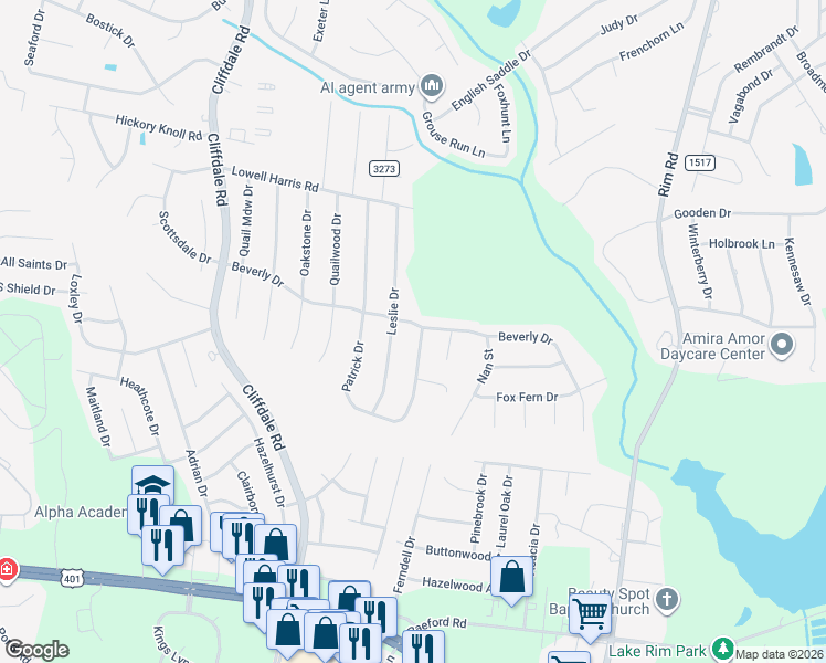 map of restaurants, bars, coffee shops, grocery stores, and more near 7599 Beverly Drive in Fayetteville