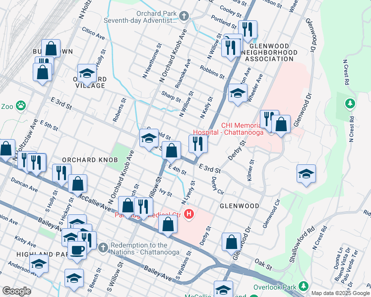 map of restaurants, bars, coffee shops, grocery stores, and more near 2114 Garfield Street in Chattanooga