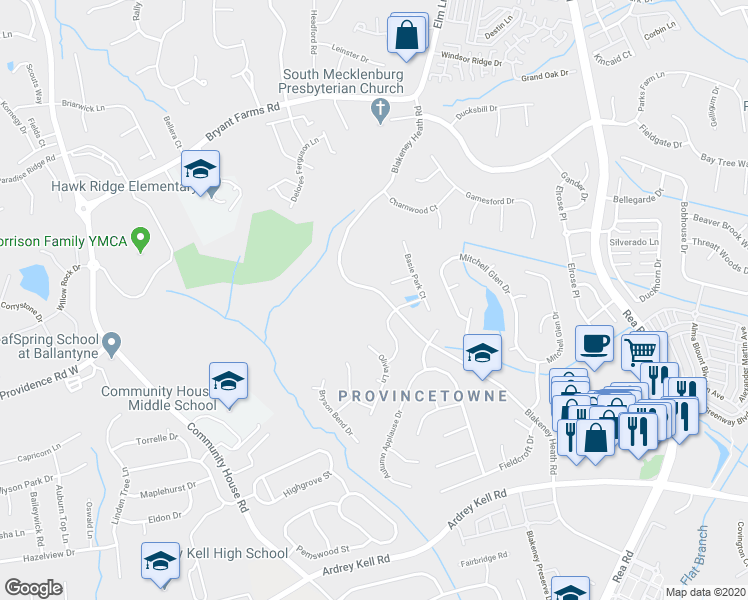 map of restaurants, bars, coffee shops, grocery stores, and more near 9214 Blakeney Heath Road in Charlotte