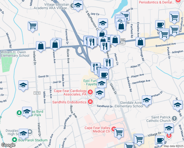 map of restaurants, bars, coffee shops, grocery stores, and more near 1381 Walter Reed Road in Fayetteville