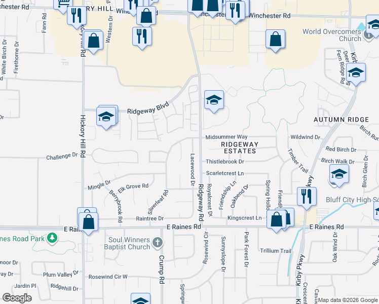 map of restaurants, bars, coffee shops, grocery stores, and more near 3985 Lacewood Drive in Memphis
