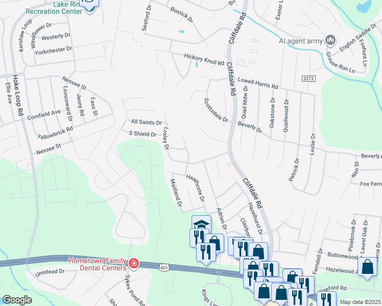map of restaurants, bars, coffee shops, grocery stores, and more near 1685 Jersey Drive in Fayetteville