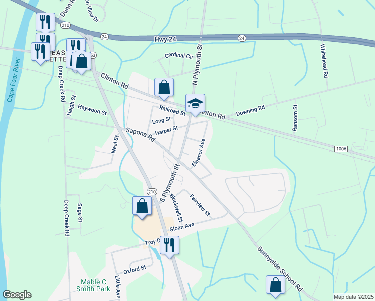 map of restaurants, bars, coffee shops, grocery stores, and more near 225 South Plymouth Street in Fayetteville
