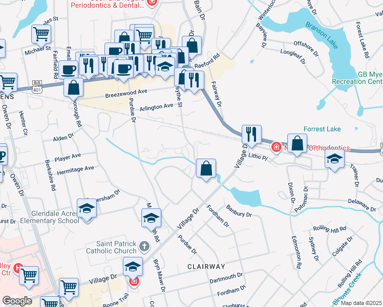 map of restaurants, bars, coffee shops, grocery stores, and more near 516 Forsythe Street in Fayetteville