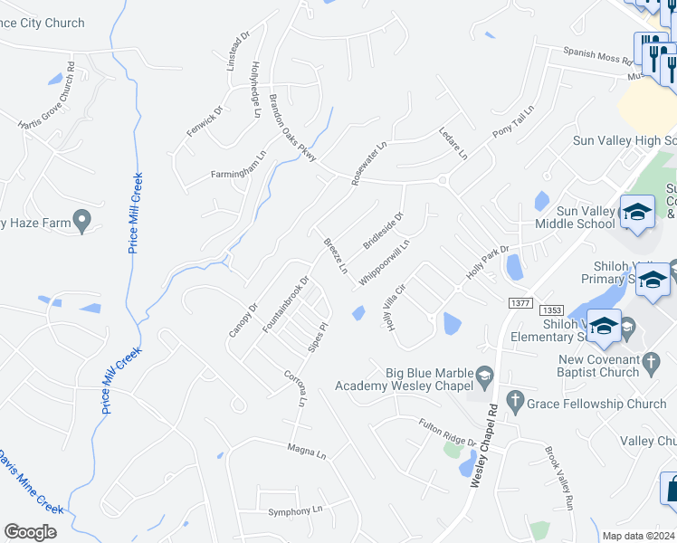 map of restaurants, bars, coffee shops, grocery stores, and more near 5002 Breeze Lane in Indian Trail