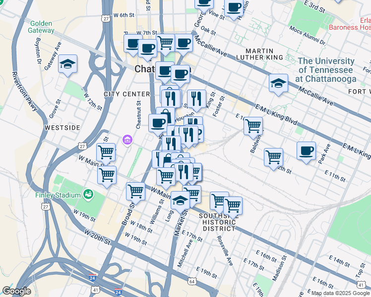 map of restaurants, bars, coffee shops, grocery stores, and more near 1269 Market Street in Chattanooga