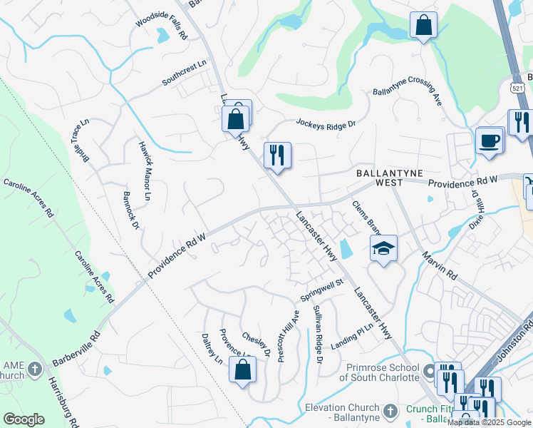 map of restaurants, bars, coffee shops, grocery stores, and more near 16804 Pachino Way in Charlotte