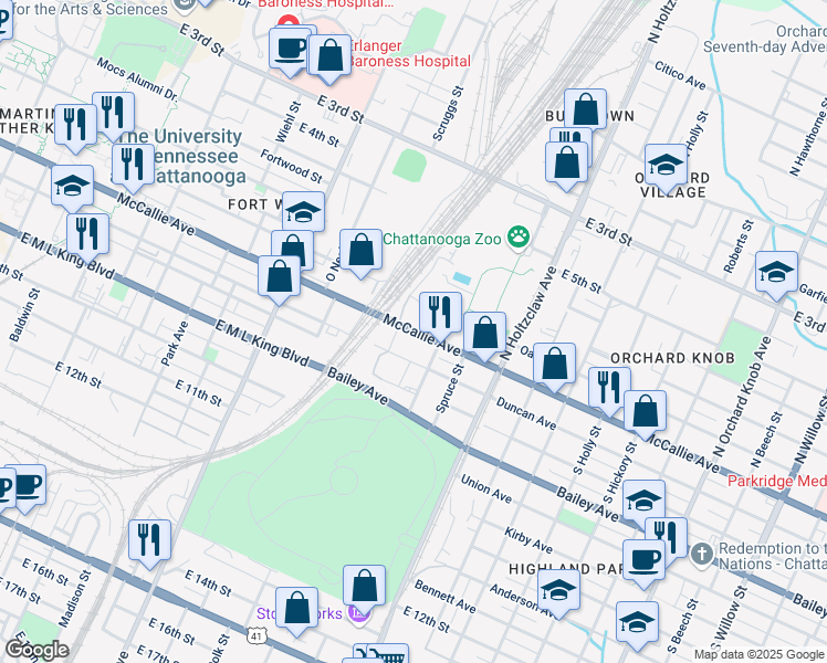 map of restaurants, bars, coffee shops, grocery stores, and more near 1080 McCallie Avenue in Chattanooga