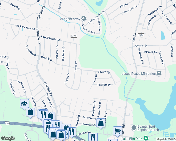 map of restaurants, bars, coffee shops, grocery stores, and more near 7573 Beverly Drive in Fayetteville